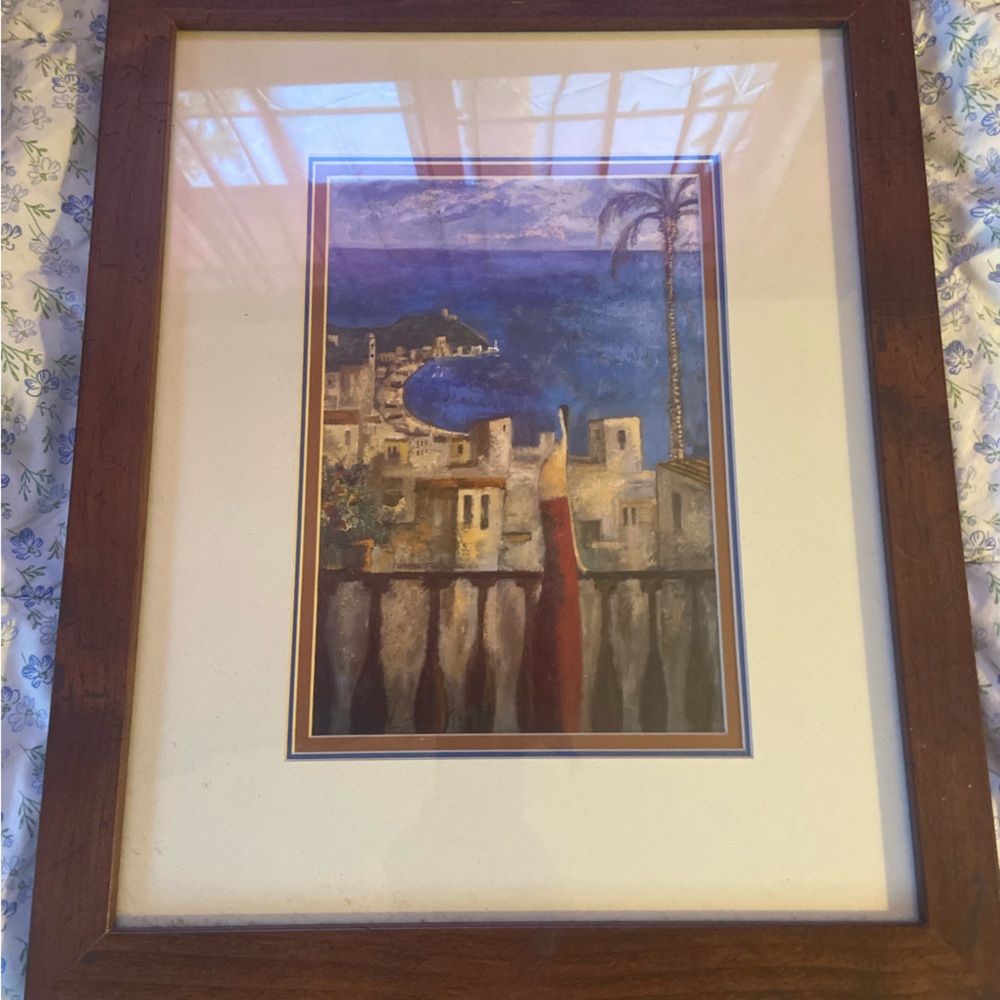 Framed Coastal Print with Brown Frame
